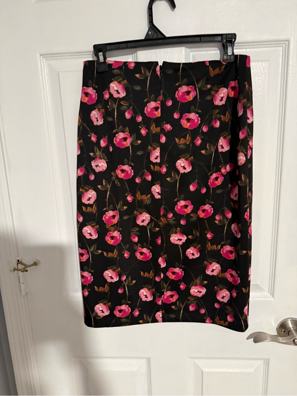 White House Black Market Black Midi Skirt with Pink Floral Print